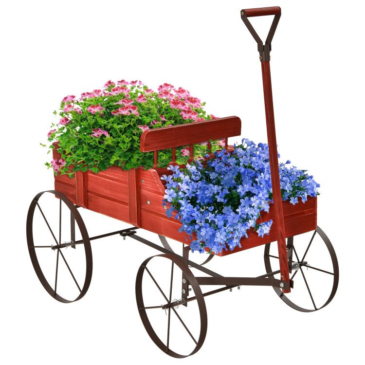 Wooden Wagon Plant Bed with Metal Wheels for Garden Yard Patio - Renee Lane Company