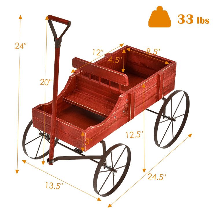Wooden Wagon Plant Bed with Metal Wheels for Garden Yard Patio - Renee Lane Company
