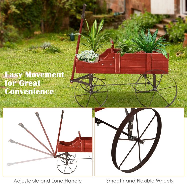 Wooden Wagon Plant Bed with Metal Wheels for Garden Yard Patio - Renee Lane Company