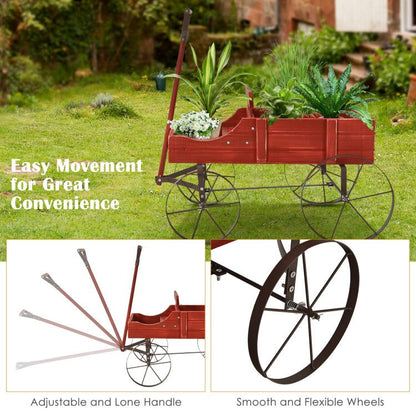Wooden Wagon Plant Bed with Metal Wheels for Garden Yard Patio - Renee Lane Company
