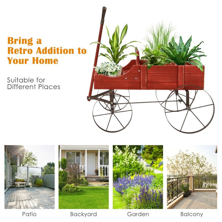 Wooden Wagon Plant Bed with Metal Wheels for Garden Yard Patio - Renee Lane Company