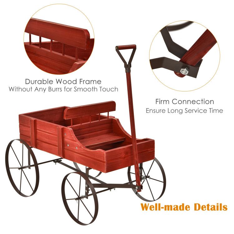 Wooden Wagon Plant Bed with Metal Wheels for Garden Yard Patio - Renee Lane Company