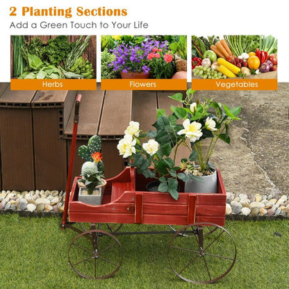 Wooden Wagon Plant Bed with Metal Wheels for Garden Yard Patio - Renee Lane Company