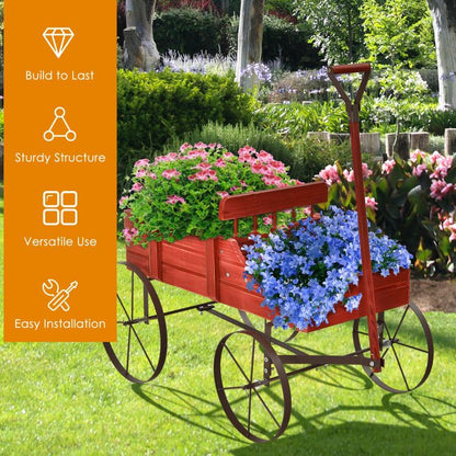 Wooden Wagon Plant Bed with Metal Wheels for Garden Yard Patio - Renee Lane Company