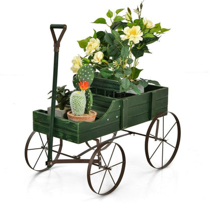 Wooden Wagon Plant Bed with Metal Wheels for Garden Yard Patio - Renee Lane Company