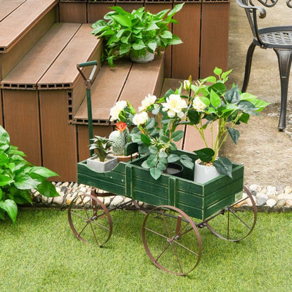 Wooden Wagon Plant Bed with Metal Wheels for Garden Yard Patio - Renee Lane Company