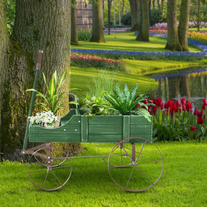 Wooden Wagon Plant Bed with Metal Wheels for Garden Yard Patio - Renee Lane Company