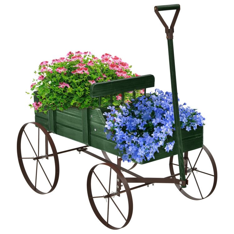 Wooden Wagon Plant Bed with Metal Wheels for Garden Yard Patio - Renee Lane Company