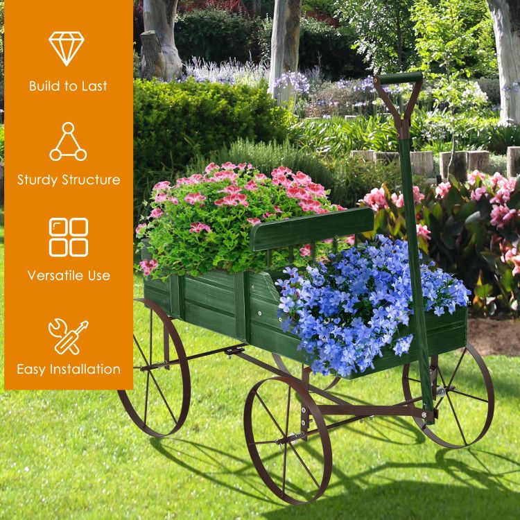 Wooden Wagon Plant Bed with Metal Wheels for Garden Yard Patio - Renee Lane Company