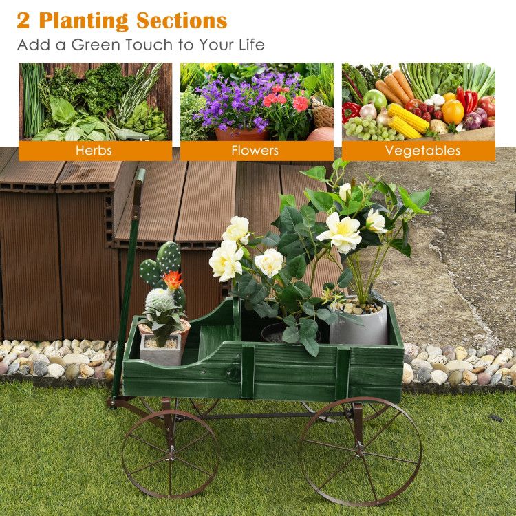 Wooden Wagon Plant Bed with Metal Wheels for Garden Yard Patio - Renee Lane Company