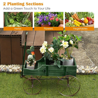 Wooden Wagon Plant Bed with Metal Wheels for Garden Yard Patio - Renee Lane Company
