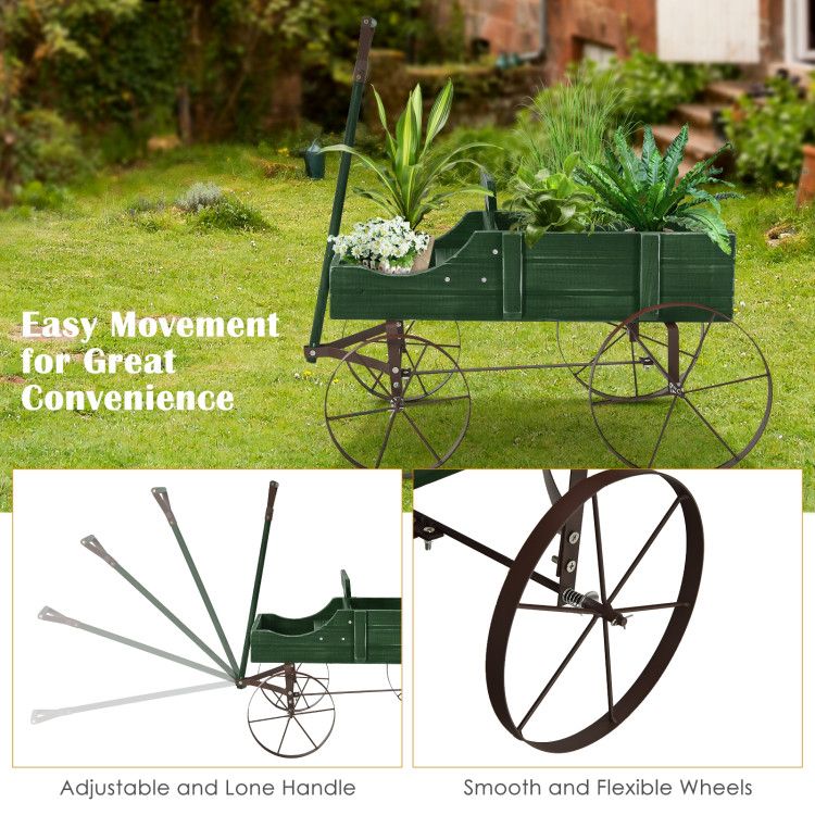 Wooden Wagon Plant Bed with Metal Wheels for Garden Yard Patio - Renee Lane Company