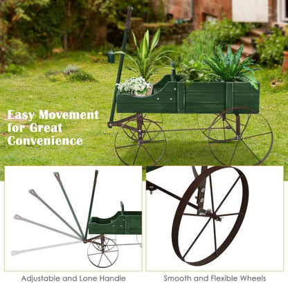 Wooden Wagon Plant Bed with Metal Wheels for Garden Yard Patio - Renee Lane Company