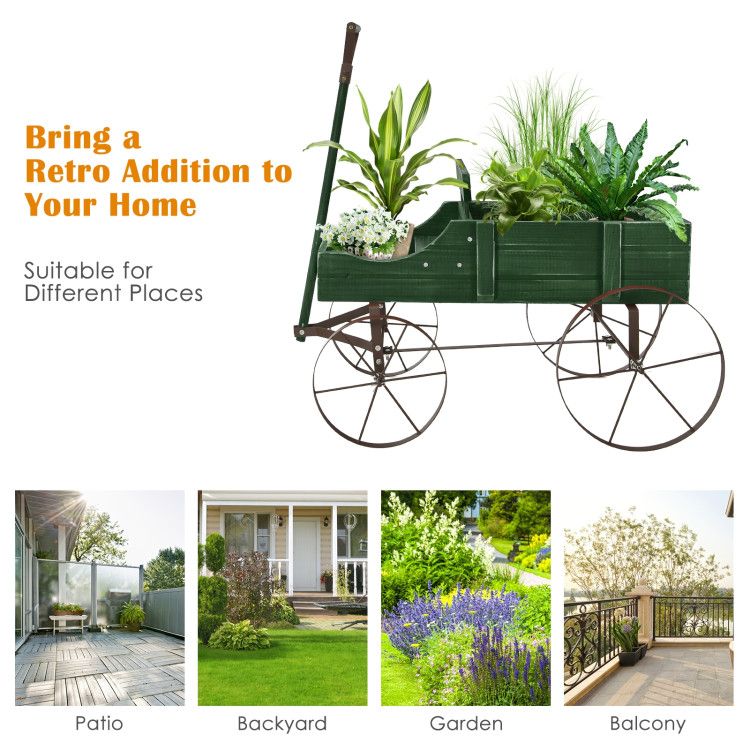 Wooden Wagon Plant Bed with Metal Wheels for Garden Yard Patio - Renee Lane Company