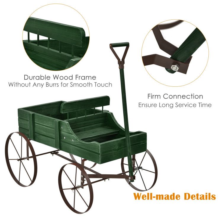 Wooden Wagon Plant Bed with Metal Wheels for Garden Yard Patio - Renee Lane Company