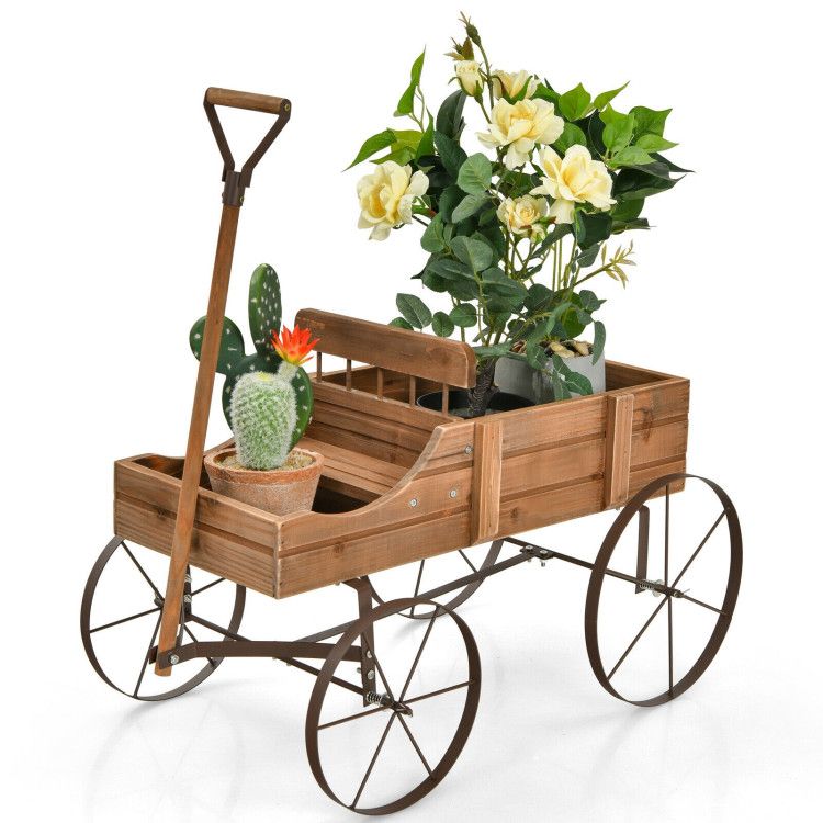 Wooden Wagon Plant Bed with Metal Wheels for Garden Yard Patio - Renee Lane Company