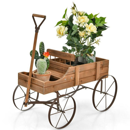 Wooden Wagon Plant Bed with Metal Wheels for Garden Yard Patio - Renee Lane Company