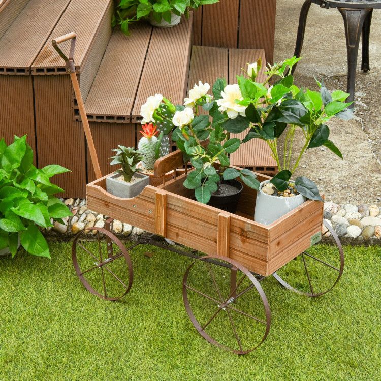 Wooden Wagon Plant Bed with Metal Wheels for Garden Yard Patio - Renee Lane Company