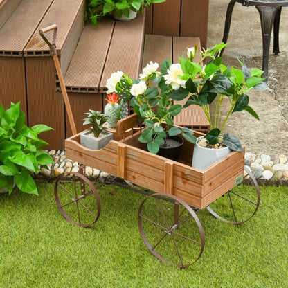 Wooden Wagon Plant Bed with Metal Wheels for Garden Yard Patio - Renee Lane Company