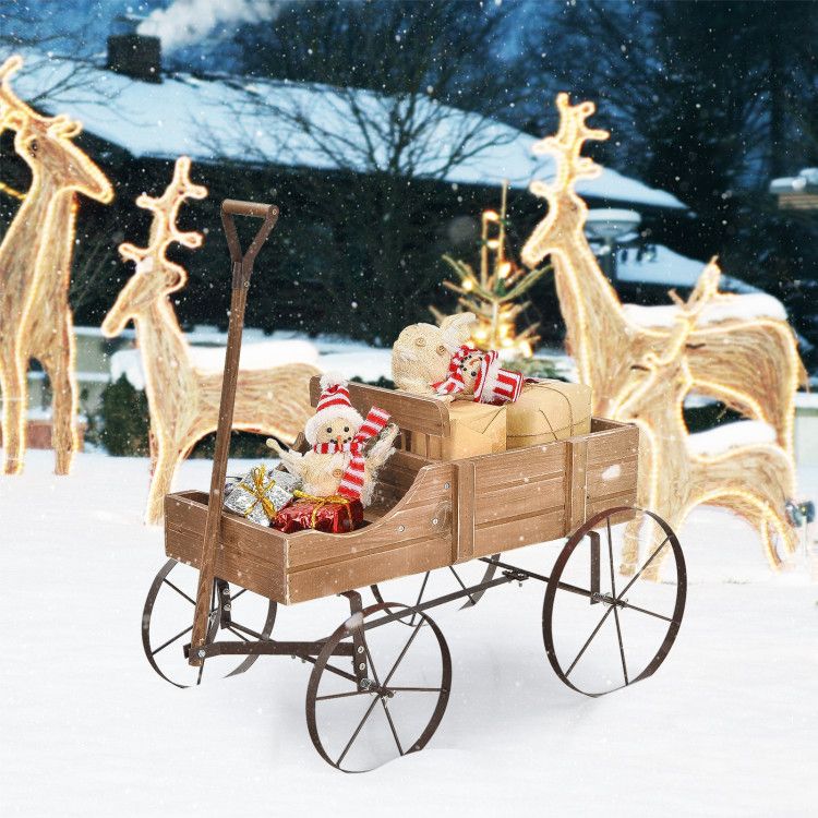 Wooden Wagon Plant Bed with Metal Wheels for Garden Yard Patio - Renee Lane Company