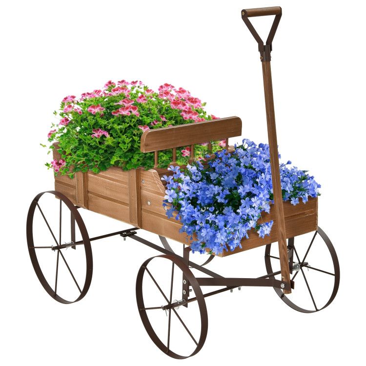 Wooden Wagon Plant Bed with Metal Wheels for Garden Yard Patio - Renee Lane Company