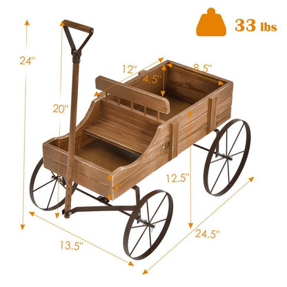 Wooden Wagon Plant Bed with Metal Wheels for Garden Yard Patio - Renee Lane Company