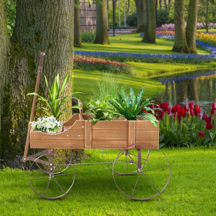 Wooden Wagon Plant Bed with Metal Wheels for Garden Yard Patio - Renee Lane Company