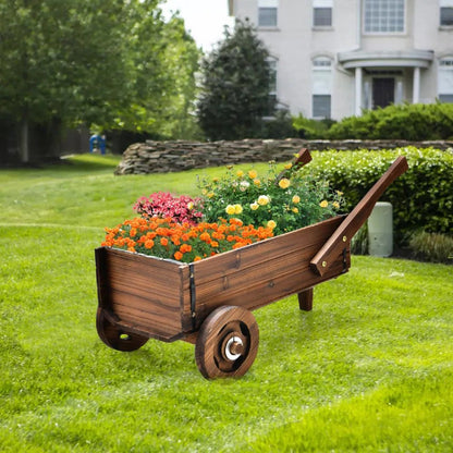 Wooden Wagon Planter Box with Wheels Handles and Drainage Hole - Renee Lane Company