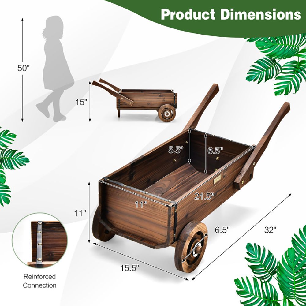 Wooden Wagon Planter Box with Wheels Handles and Drainage Hole - Renee Lane Company