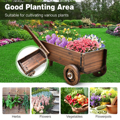 Wooden Wagon Planter Box with Wheels Handles and Drainage Hole - Renee Lane Company