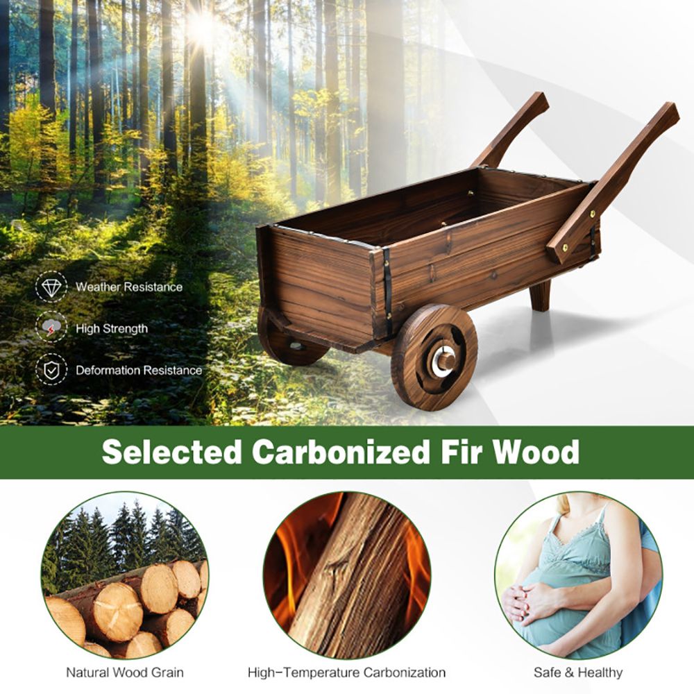 Wooden Wagon Planter Box with Wheels Handles and Drainage Hole - Renee Lane Company
