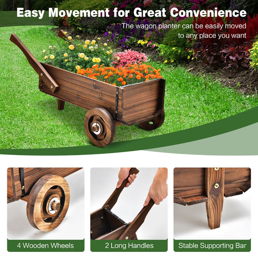 Wooden Wagon Planter Box with Wheels Handles and Drainage Hole - Renee Lane Company
