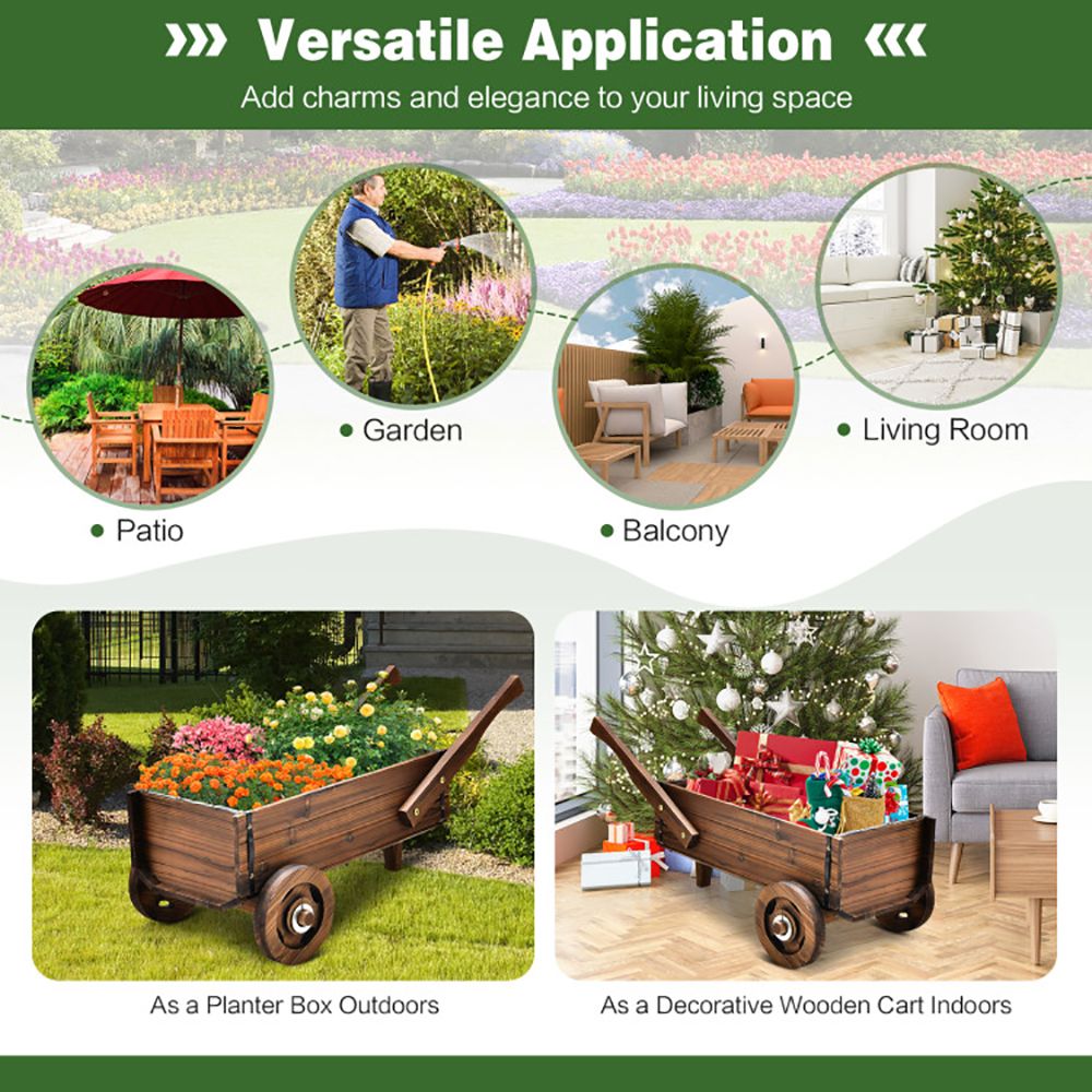Wooden Wagon Planter Box with Wheels Handles and Drainage Hole - Renee Lane Company