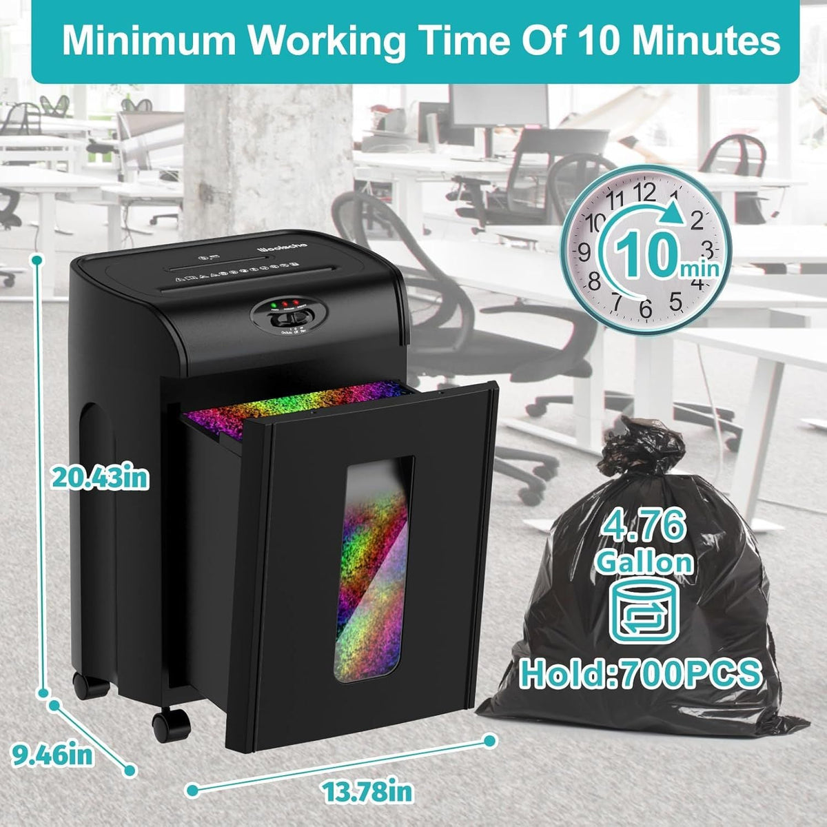 Black paper shredder with open front bin and visible control panel