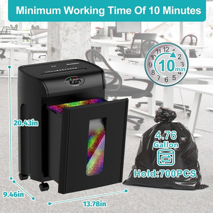 Black paper shredder with open front bin and visible control panel