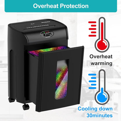 Black paper shredder with open bin and illuminated temperature indicator icons
