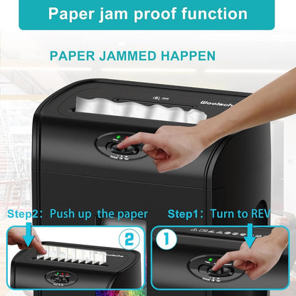 Black paper shredder with control panel and paper-jam clearing access area