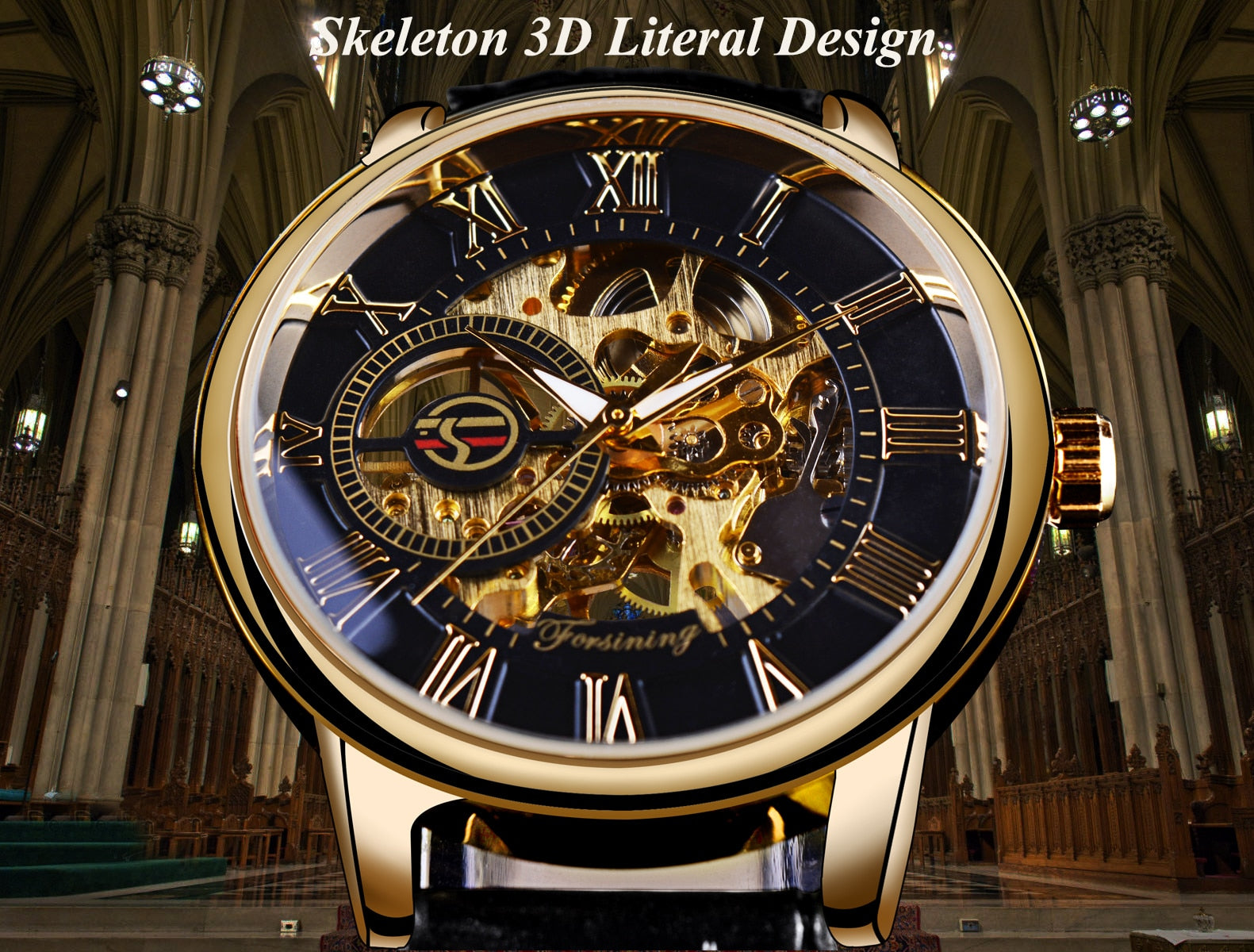 Men mechanical watch, gold case, black skeleton dial, light leather strap