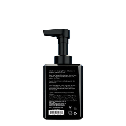 Blackwood foaming face wash bottle with pump, back label and barcode