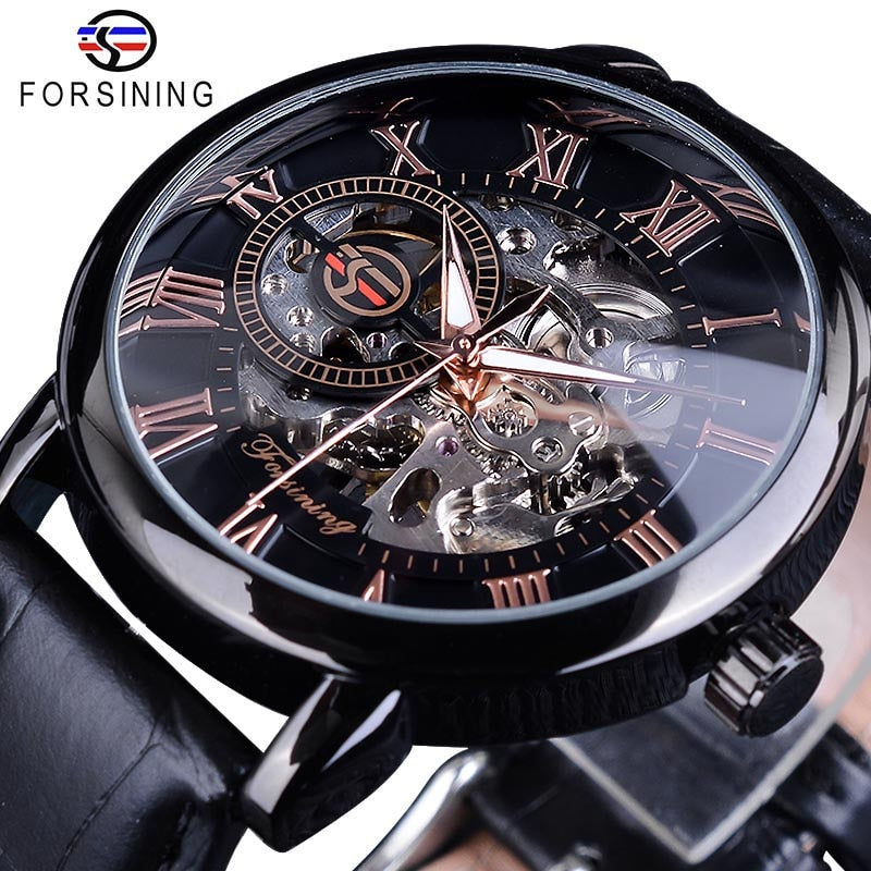 Men's skeleton watch with black dial, rose-gold accents, black leather strap