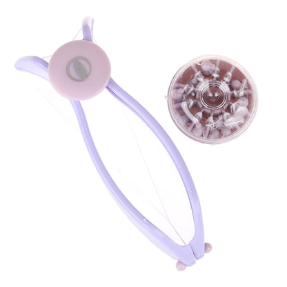 Purple hair remover device with curved handle and detachable round attachment