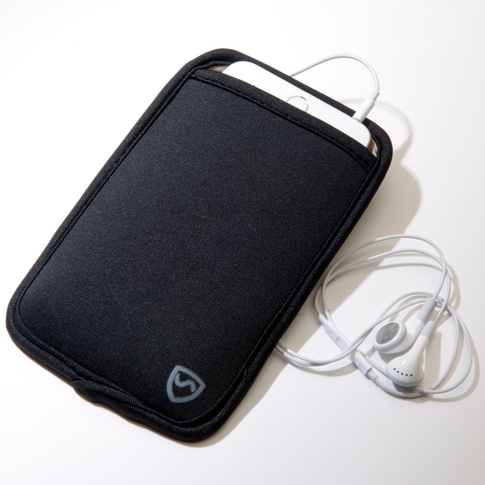 Black phone pouch with front opening and zipper, shown with earbud cords