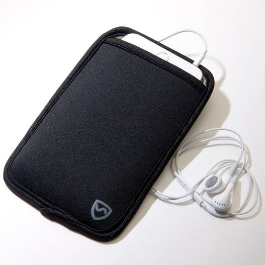 Black phone pouch with front opening and zipper, shown with earbud cords