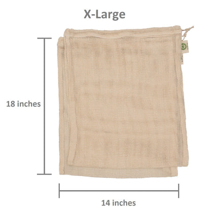 Beige mesh storage bag with drawstring closure, no contents