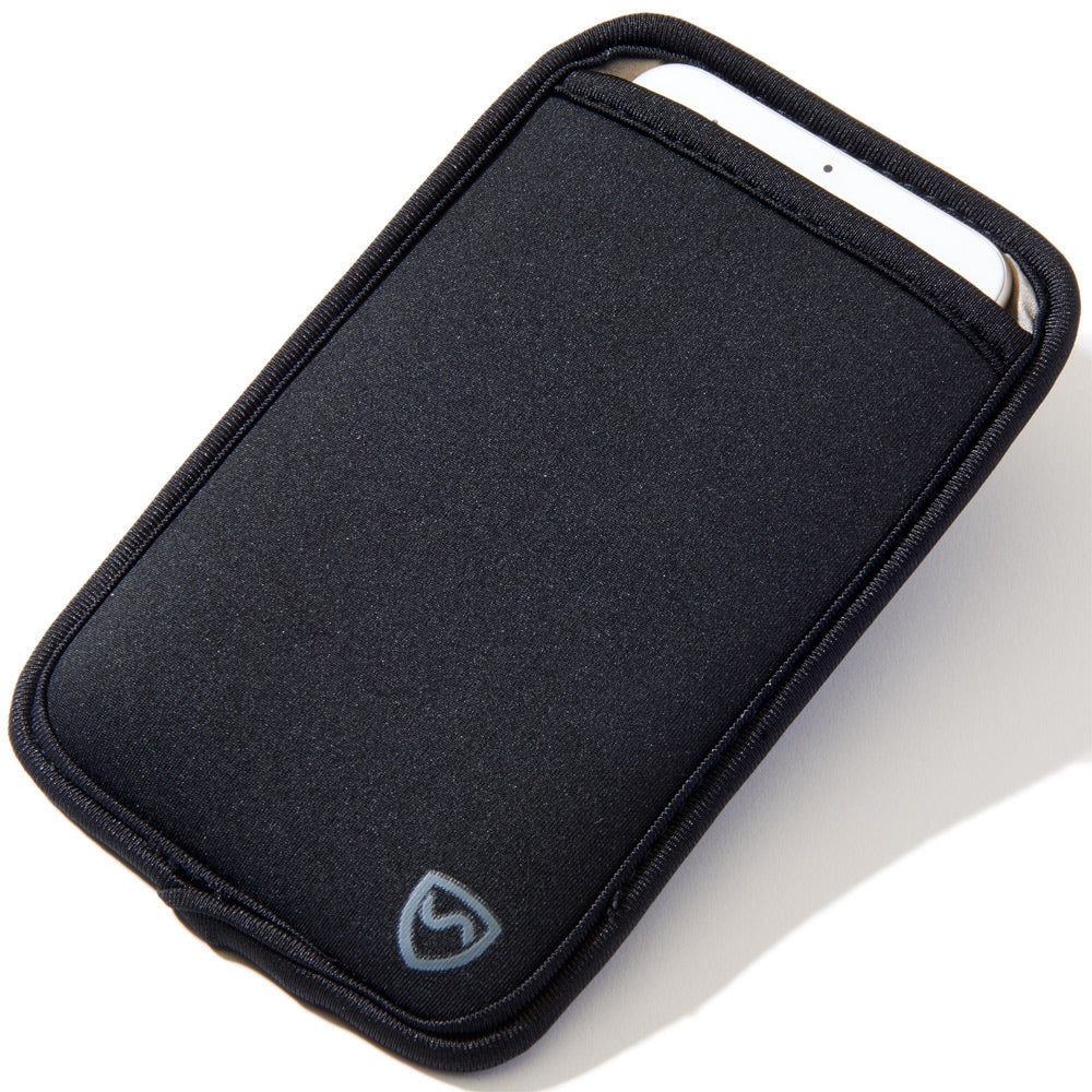 Black phone pouch with front logo and top opening showing a phone edge.