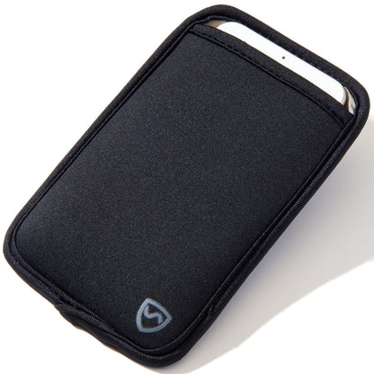 Black phone pouch with front logo and top opening showing a phone edge.