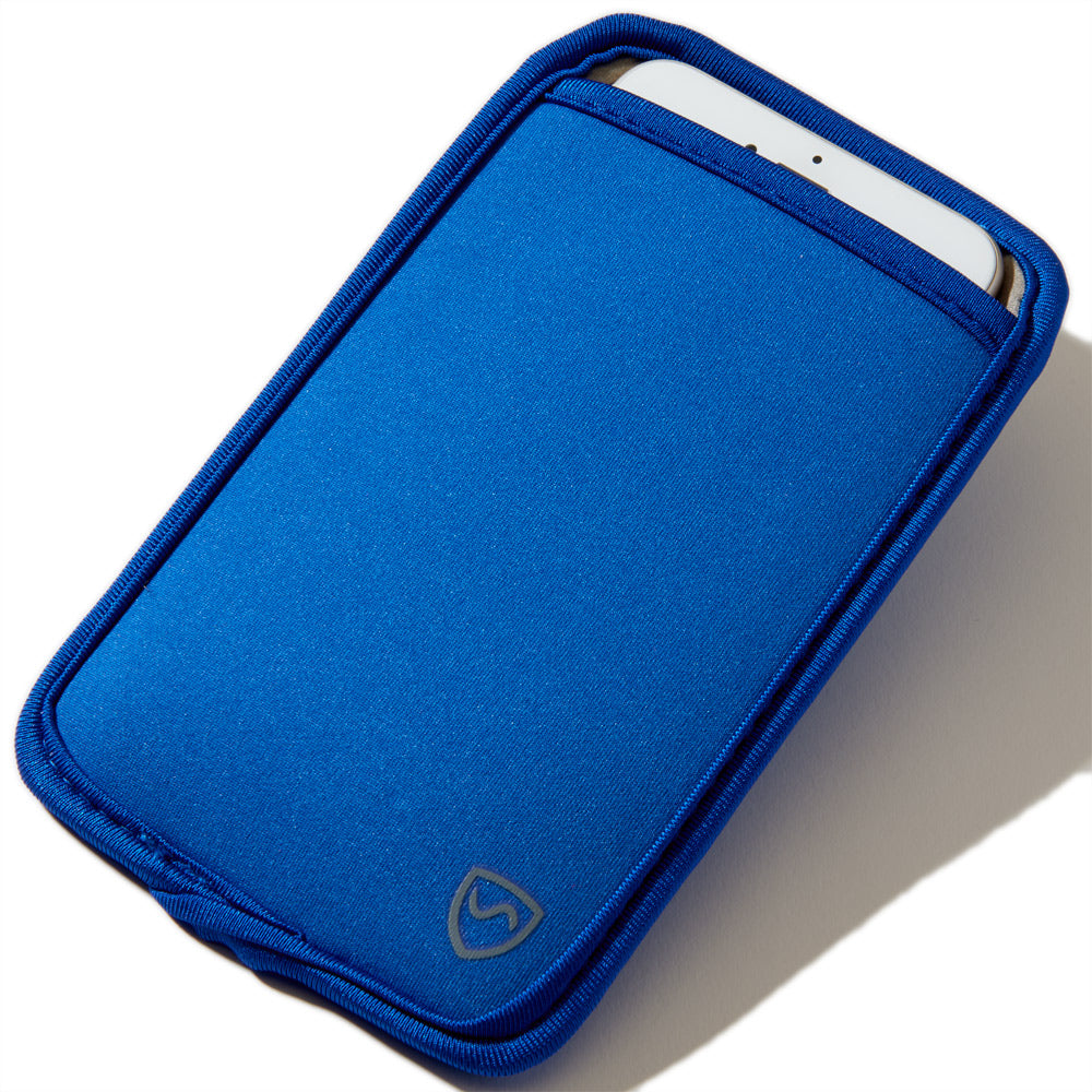 Blue phone pouch with front logo, top opening showing a phone edge.
