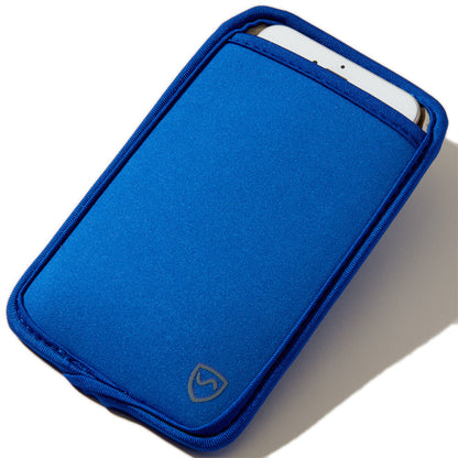 Blue phone pouch with front logo, top opening showing a phone edge.