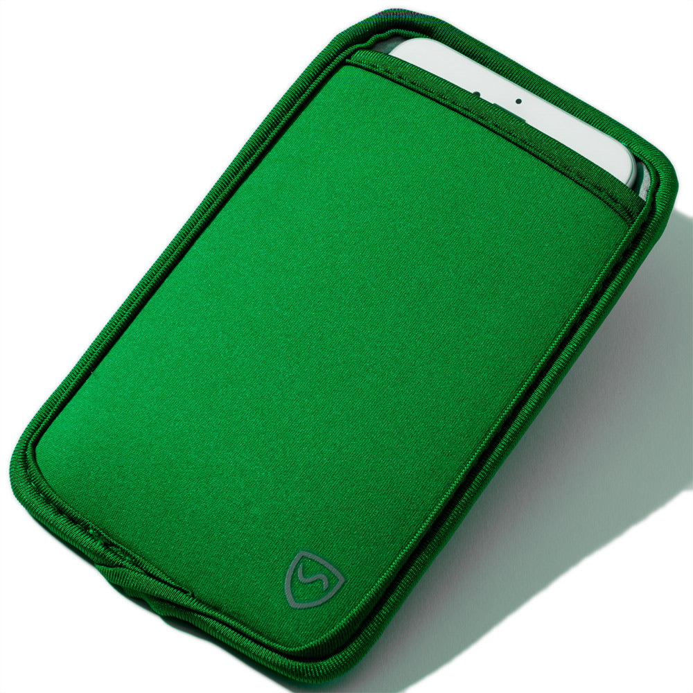 Green phone pouch with front logo, top opening showing a phone edge.