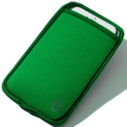 Green phone pouch with front logo, top opening showing a phone edge.
